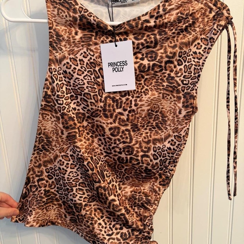 Princess Polly Animal Leopard Print Top with Ties Brown Sleeveless Blouse Size 4